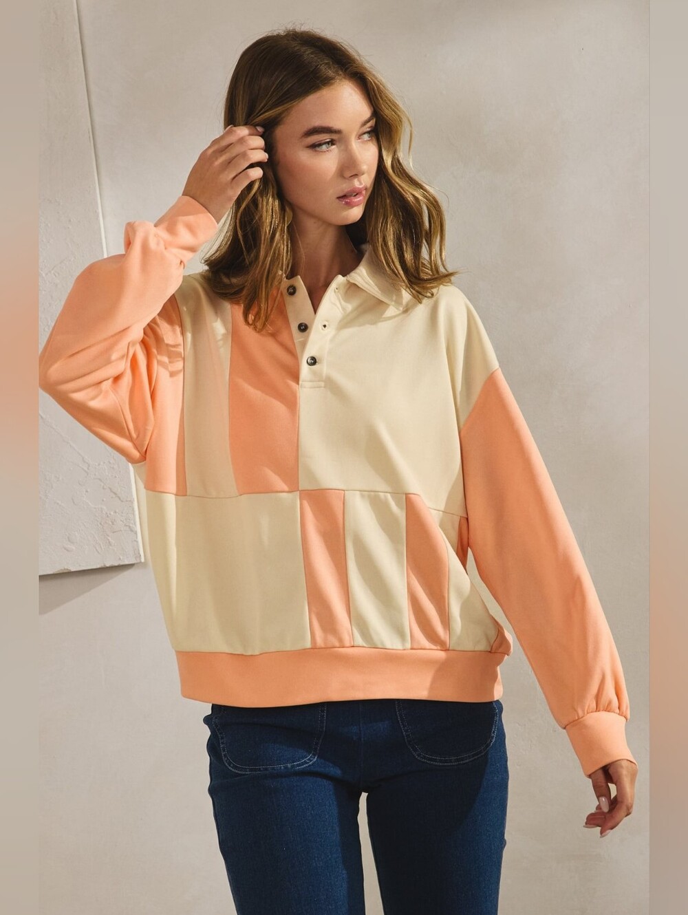 LovLov Pink Colorblock Striped Long Sleeve Polo Sweatshirt Large